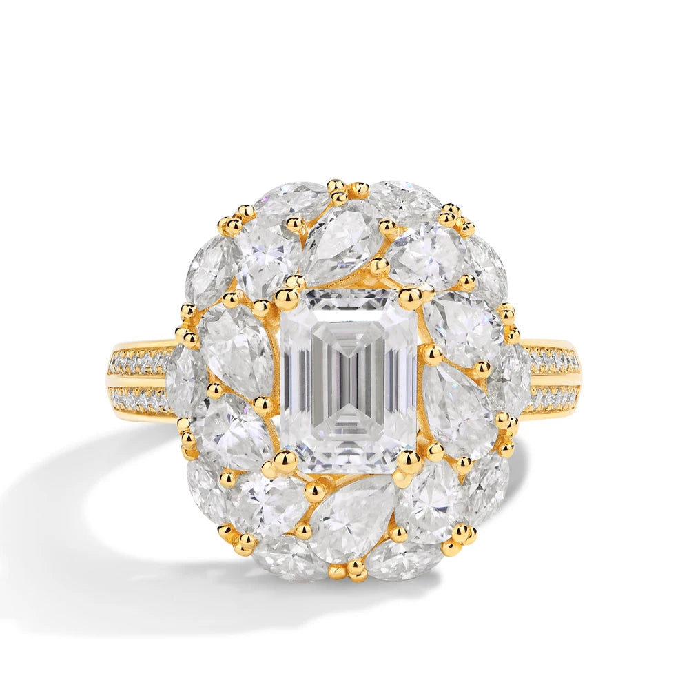 MINTYBOX Anillo de compromiso de talla esmeralda con halo y diseño de flor de 2,0 ct, diamante creado en laboratorio, plata S925, anillos de moissanita para mujer, chapado en oro de 18 quilates