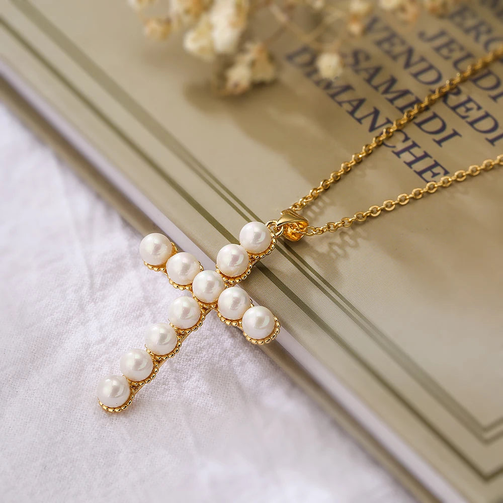 NEWBUY Classic Design Cross Pendant Gold Color 316L Stainless Steel Chain Necklace For Women Luxury Pearl Jewelry