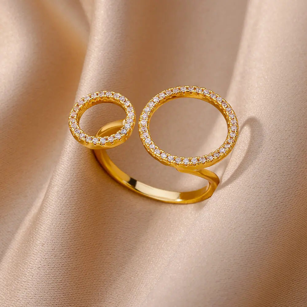 Zirkon Doppelkreisringe für Frauen Edelstahl Verstellbarer geometrischer Kreisring Hochzeit Party Ästhetischer Schmuck Geschenk femme
