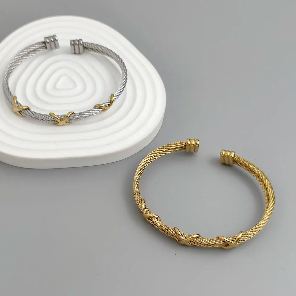 Original doppelreihiges Edelstahl-Drahtarmband in Kreuzform, vergoldet, wasserdicht und rostfrei, Paararmband