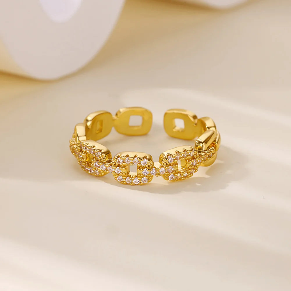Zirkon-Ketten-Kreuzringe für Damen Vintage Goldfarbe Edelstahl Geometrischer offener Ring Mode Hochzeit Ästhetischer Schmuck Geschenk