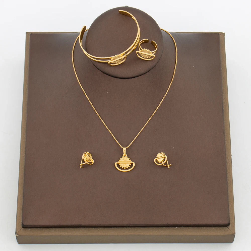 Elegantes Mädchenschmuck-Set für Partys, Kupfer-Goldfarbene Halskette und Creolen und Halsketten-Armreif-Ring-Set für Hochzeitsgeschenke