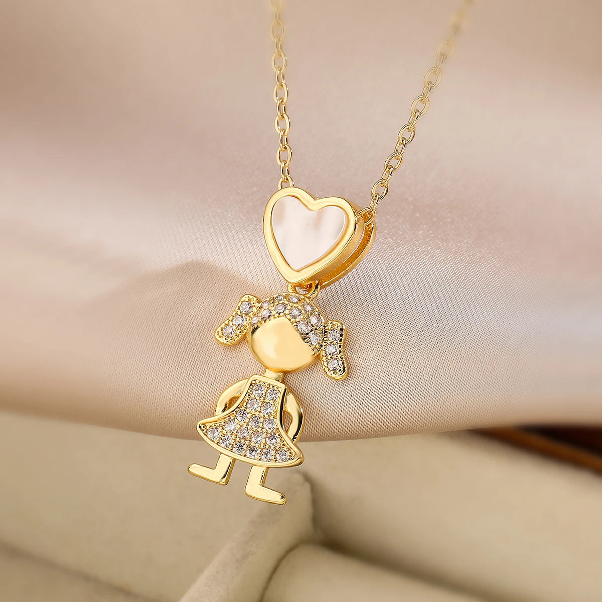 NEWBUY Delicae Gold Color Heart Boy & Girl Pendant Necklaces For Women Shiny CZ Inlay Jewelry Mother's Day Gift