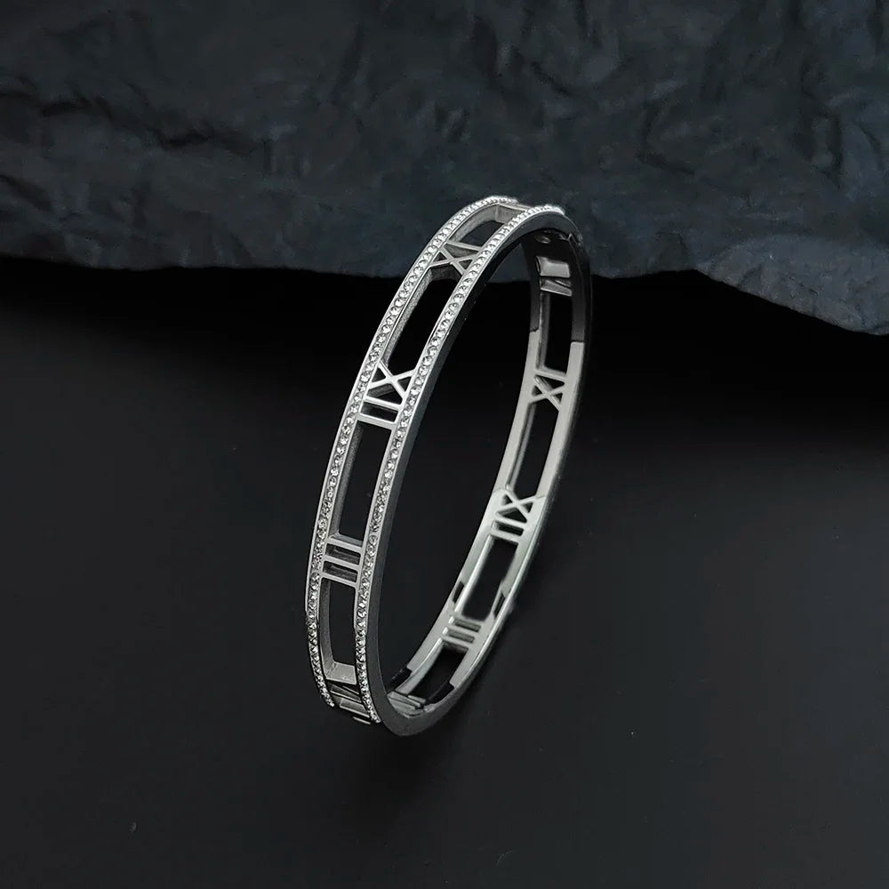 Luxus Kristall Hohl Römische Ziffer Armbänder für Frauen Männer Edelstahl Unisex Armreif Mode Klassischer Schmuck Accessoires