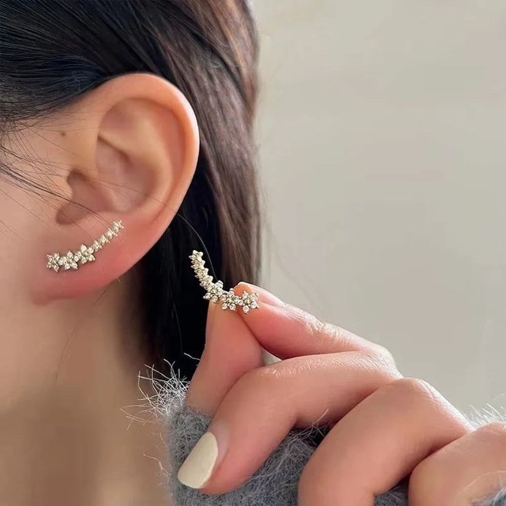 Mode Silberfarbe Zirkon Blume Stern Ohrstecker für Frauen Einfache Metall Piercing Kletter Ohrringe Schmuck Zubehör