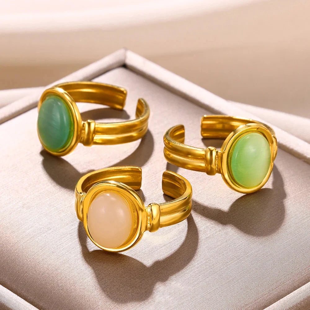 Vintage Ovale Opalringe für Damen Goldfarben Edelstahl Verstellbar Naturstein Verstellbarer Ring Ästhetischer Hochzeitsschmuck