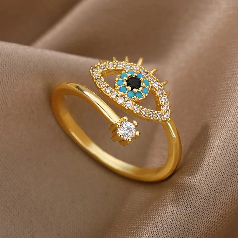 Stainless Steel Zircon Geometric Rings For Women Luxury Evil Eye Gold Color Adjustable Trendy Wedding Aesthetic Jewerly Gift