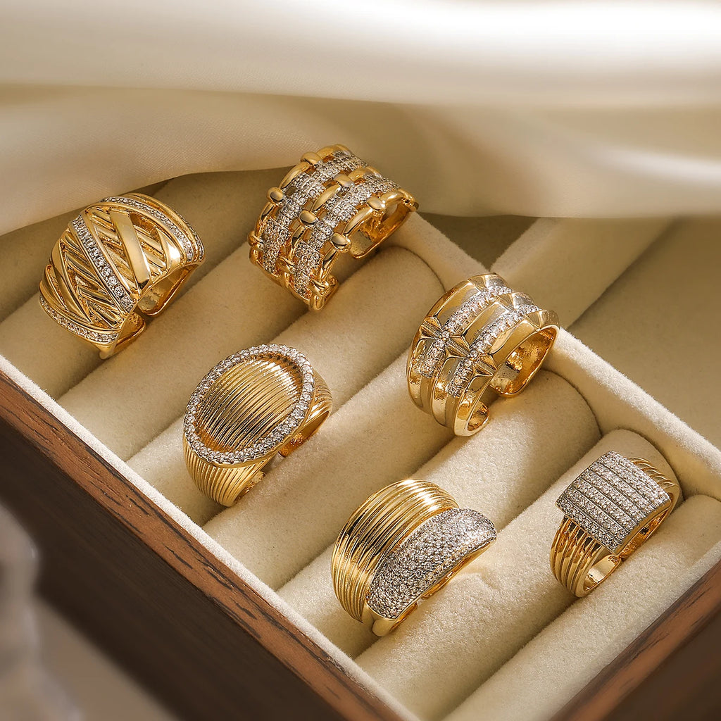 NEWBUY Luxuriöser AAA Zirkonia Pflaster-Setting Kupfer Hochzeitsschmuck Filigrane geometrische offene Ringe für elegante Frauen