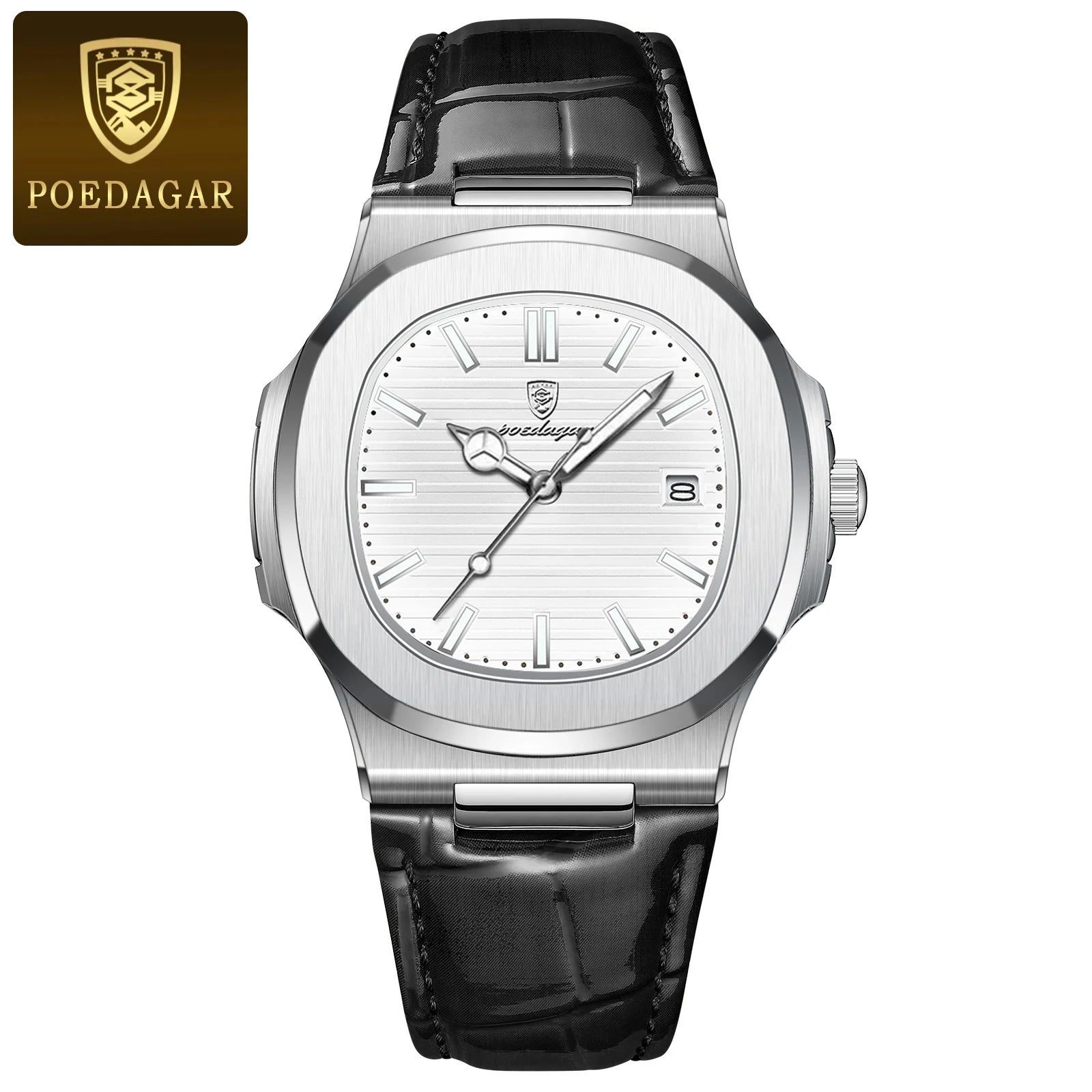 POEDAGAR Reloj de Cuarzo de Cuero para Hombre, a la Moda, Cuadrado, Impermeable, Luminoso, con Fecha, de Negocios, Casual, Reloj de Pulsera para Hombre