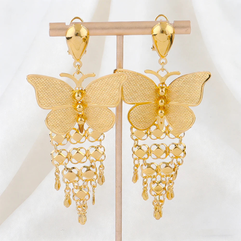 Neues indisches Goldfarbenes langes Halsketten-Set Nigerianische Party Braut Hochzeit Luxus Dubai Ohrringe Schmuck Damen Valentinstagsgeschenk