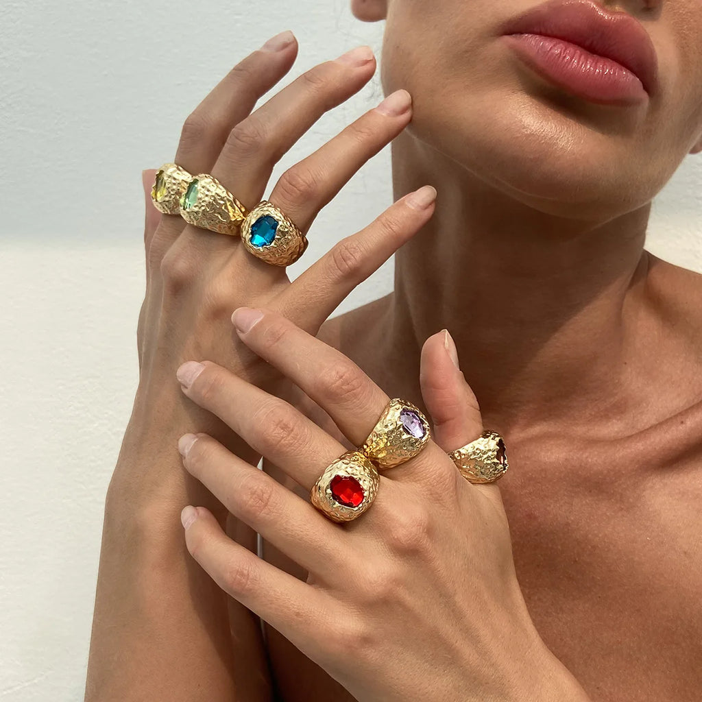 LATS Vintage Punk Inlaid Rhinestone Rings for Women Geometric Exaggerated Personalized Liquid Glossy Light Luxury  Jewelry