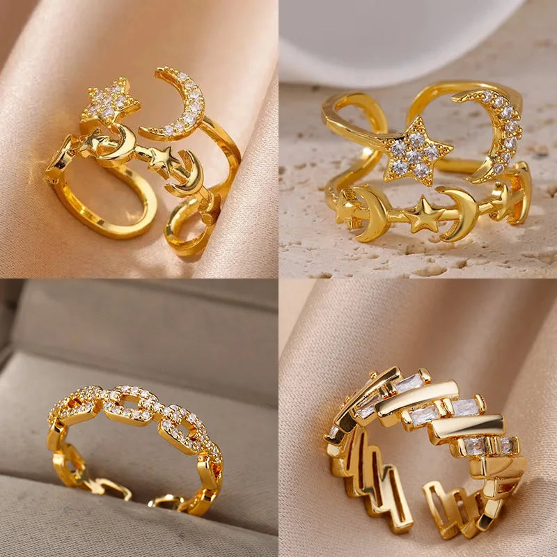Zircon Star Moon Rings For Women Gold Color Adjustable Stainless Steel Moon Star Ring Wedding Aesthetic Party Jewelry Gift BFF