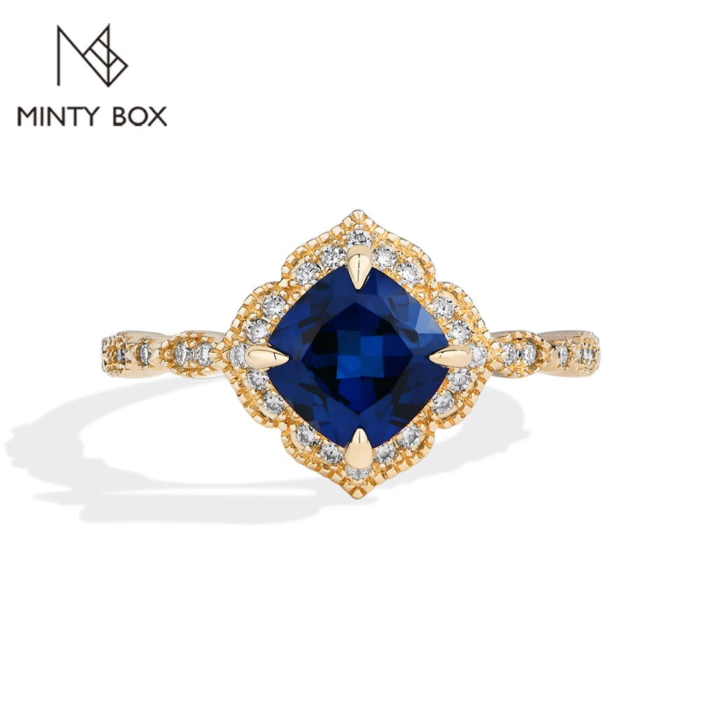 MINTYBOX S925 Silber 2.0ct Kissen Saphir Verlobungsringe für Damen Laborgestein Halo Ring Hochzeit Edler Schmuck Brautgeschenk
