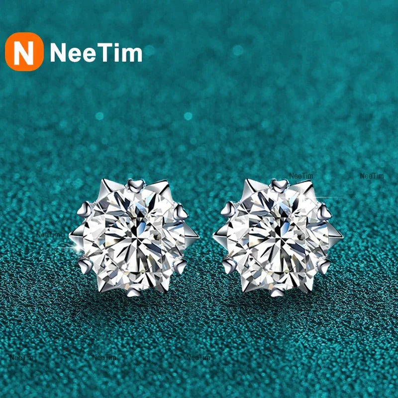 NeeTim Pendientes de moissanita de 0,3-2 ct, diamantes de laboratorio, plata de ley 925 con baño de oro, pendientes de copo de nieve, joyería de boda
