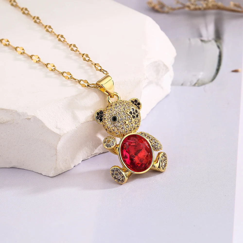 NEWBUY Hot Sale 2 Style Lovely Bear Pendant Necklaces For Women Shiny CZ Zircon Inlay Gold Color Copper Jewelry