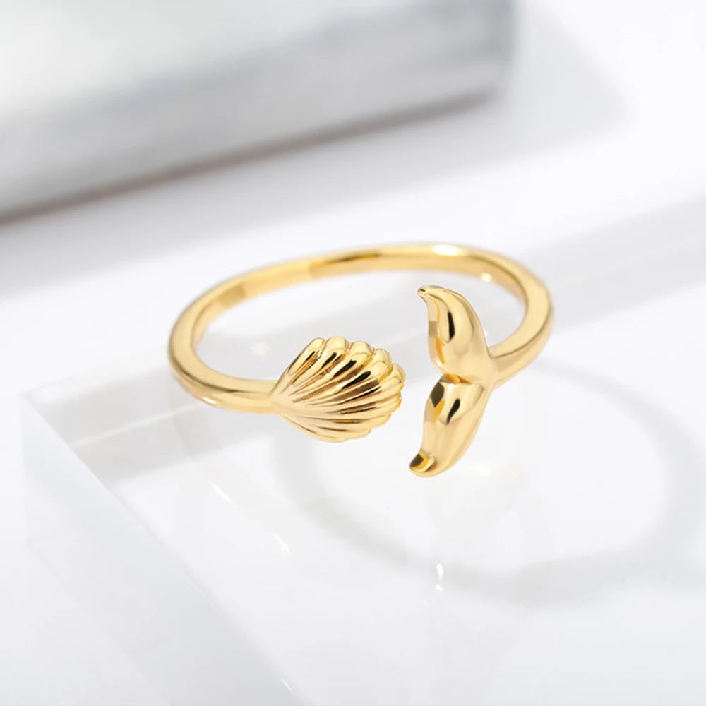 Anillos abiertos de acero inoxidable con conchas de estrellas de mar para mujer, anillo de dedo de color dorado a la moda, joyería de océano para vacaciones de verano en la playa