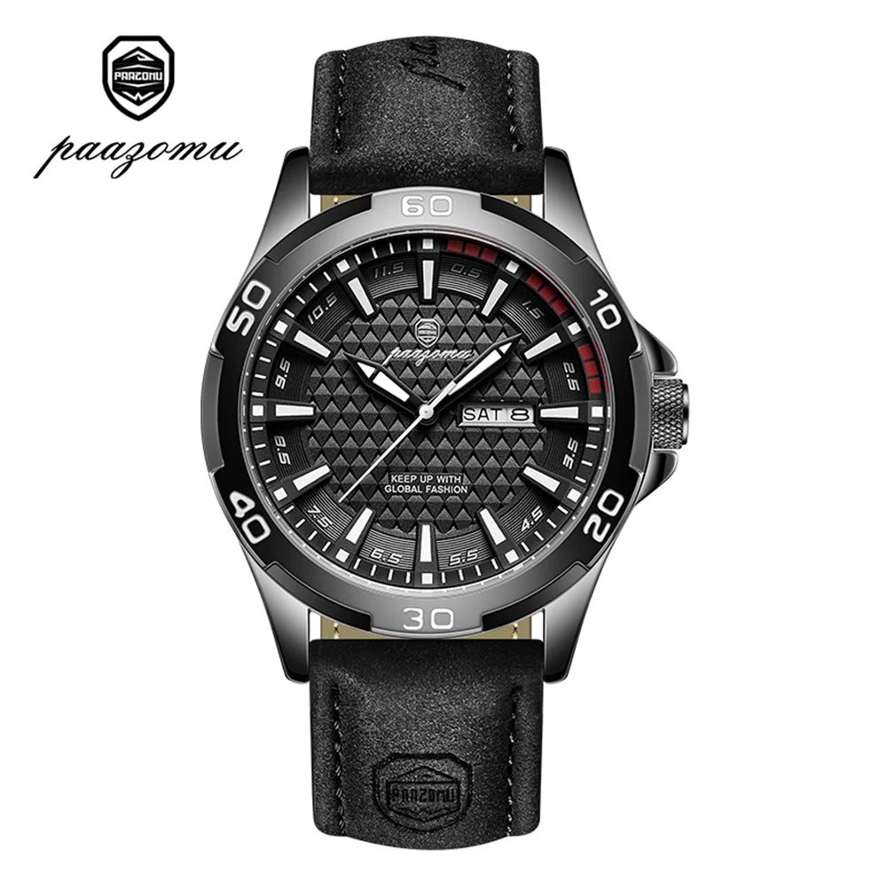 PAAZOMU Reloj de pulsera original para hombre, de lujo, resistente al agua, luminoso, con fecha y semana, de cuarzo deportivo, de cuero, para hombres Reloj