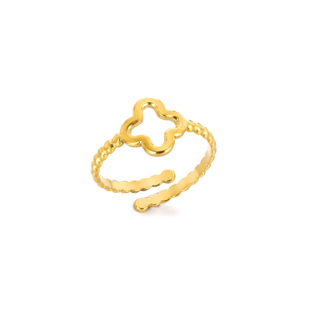 Minimalistische vierblättrige Kleeblatt-Edelstahl-Offene Ringe für Frauen Goldfarbene ästhetische Hochzeit Paar Ring Schmuck Accessoires