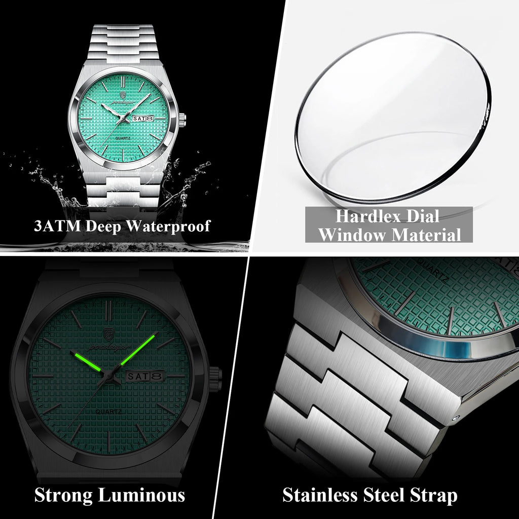 POEDAGAR Reloj de Hombre de Negocios de Acero Inoxidable Impermeable Luminoso con Fecha y Semana Reloj de Pulsera de Cuarzo de Moda Casual para Hombres