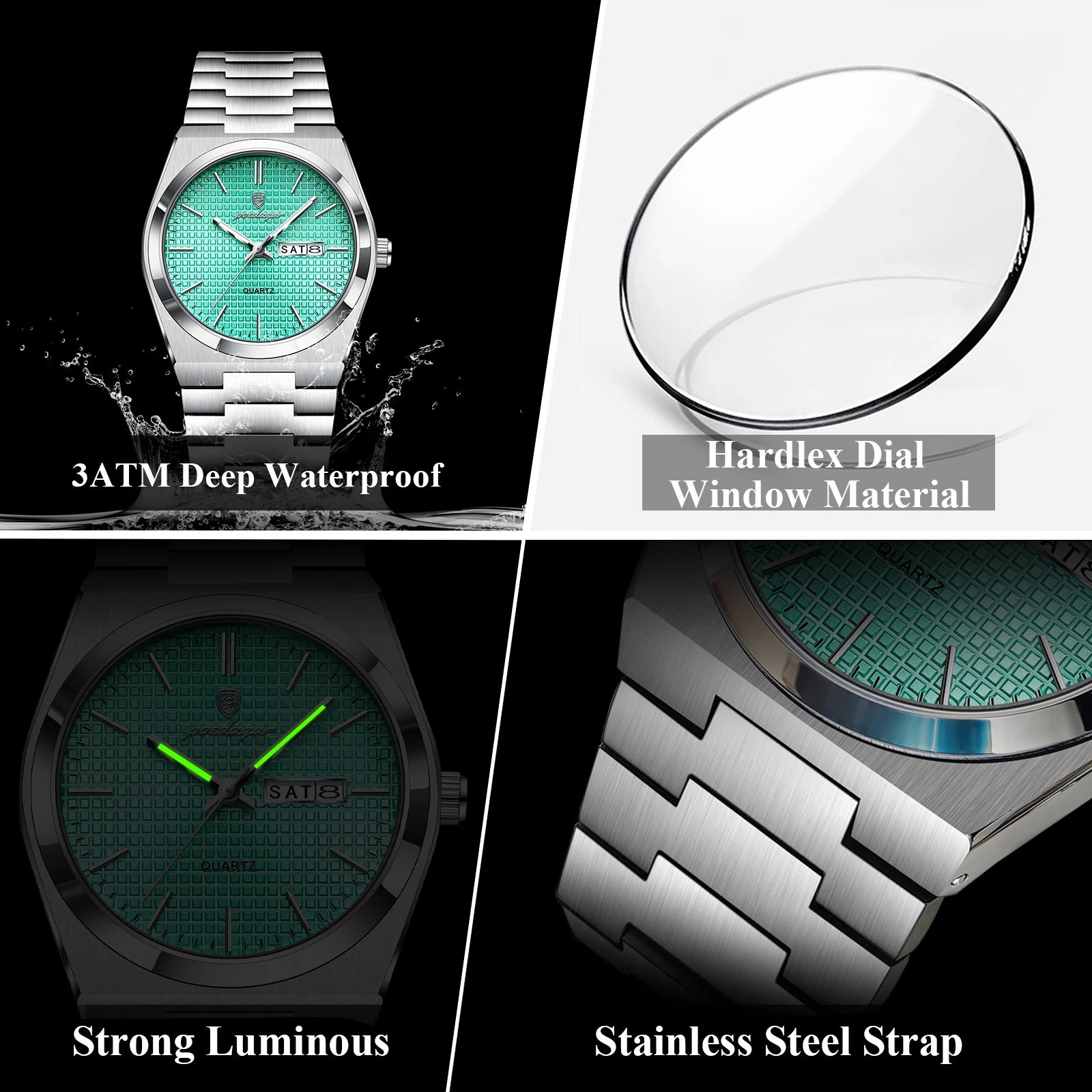 POEDAGAR Reloj de Hombre de Negocios de Acero Inoxidable Impermeable Luminoso con Fecha y Semana Reloj de Pulsera de Cuarzo de Moda Casual para Hombres
