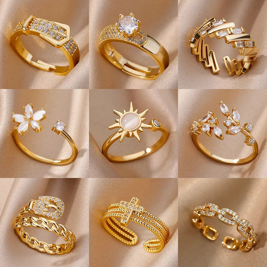 Luxus Zirkon Geometrische Ringe für Frauen Edelstahl Gold Farbe Offener Ring Trendige Hochzeit Party Ästhetischer Schmuck Geschenk Femme