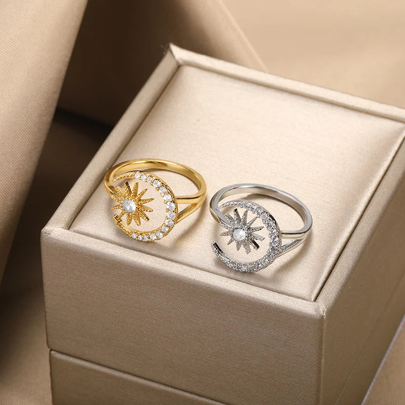 Zirkon Stern Mond Ringe für Frauen Goldfarben Edelstahl Geometrischer Stern Mond Ring Verlobung Hochzeit Weihnachtsgeschenk Schmuck