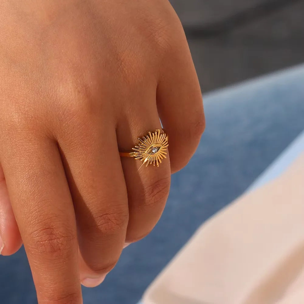 Edelstahl Kleine Zirkonringe für Frauen Exquisiter Goldfarbener Sonnen-Doppelring Punk Hip-Hop Accessoire Bague Schmuckgeschenk