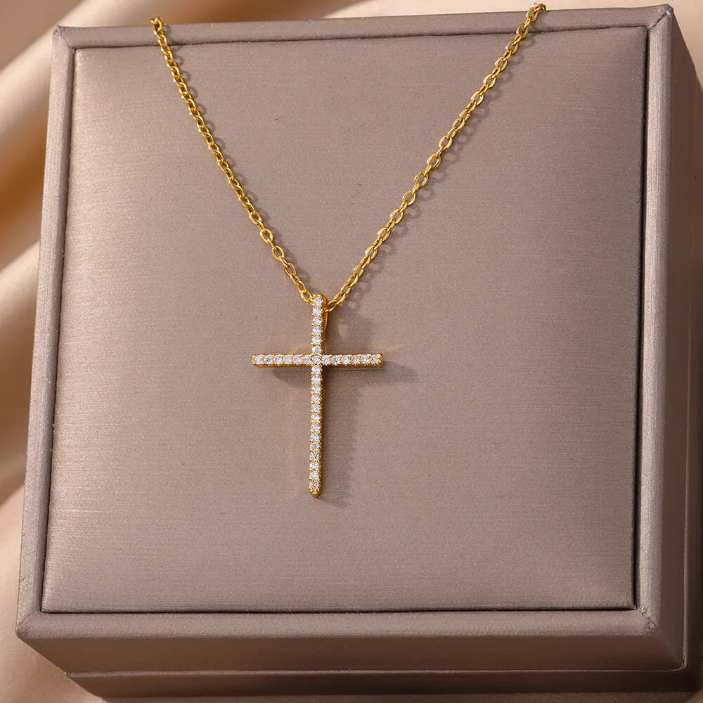 Cross Goddess Pendant Necklace for Women Stainless Steel 316L Gold Color Necklace 2025 New Party Jewelry Aesthetic Accessories