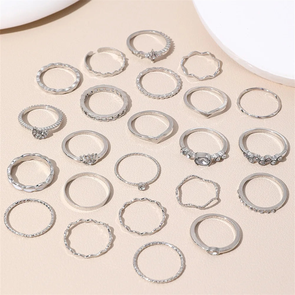 23-teiliges Mode-Knöchelring-Set für Damen, Kristall, Stern, Mond, Auge, Welle, Gold, Silber, Farbe, Ringe, weiblicher, trendiger Party-Schmuck, Geschenk