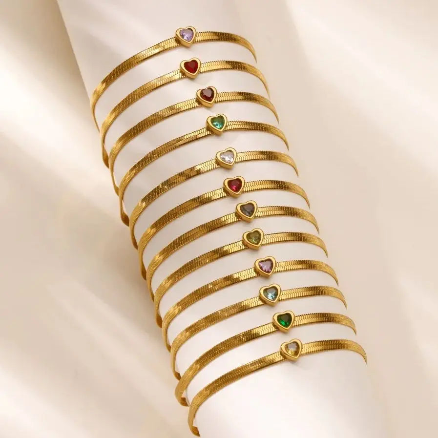 Zirkon Geburtsstein Herz Armbänder für Frauen Goldfarbene Edelstahl Herzarmband Hochzeit Geburtstag Luxus Schmuck Geschenk