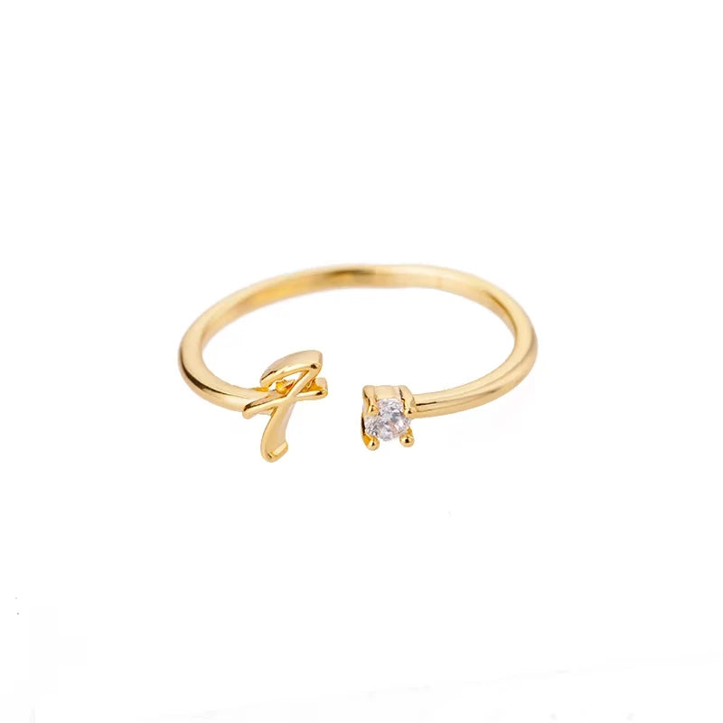A-Z Anfangsbuchstabe Offene Ringe für Damen Edelstahl Goldfarbe Zirkon Verstellbarer Ring Trendiger Paar-Hochzeitsschmuck Geschenk