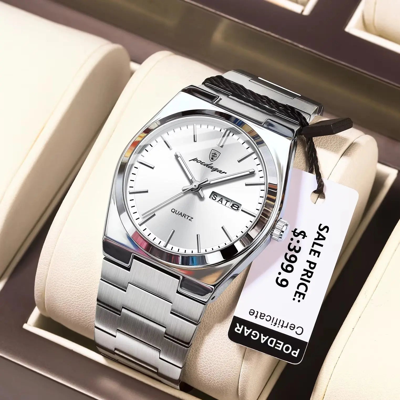 POEDAGAR Lujoso Reloj de Pulsera de Negocios para Hombre, Impermeable, Luminoso, de Acero Inoxidable, con Fecha, Semana, Moda, Relojes de Cuarzo para Hombre+Caja
