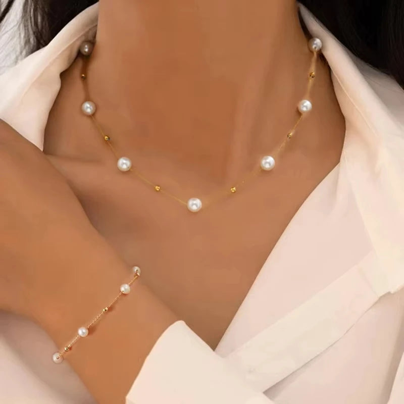 2 Stück Exquisites Goldfarbenes Böhmisches Schmuckset für Frauen Mode Perlenkreuz Anhänger Halskette Armband Set Lässige Schmuckgeschenke