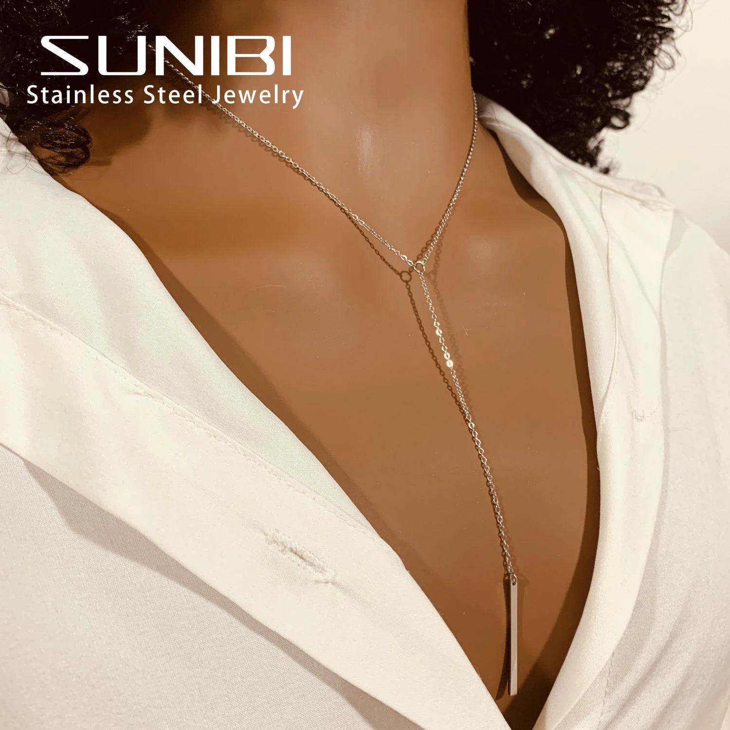 SUNIBI Vertical Bar Pendant Necklaces Stainless Steel Simple Long Lariat Chain Minimalist Dangle Necklace for Women Jewelry Gift