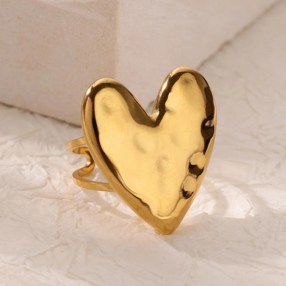 Anillos de doble corazón para mujer, color dorado, acero inoxidable, anillo abierto ajustable, joyería estética de moda para fiesta o boda, regalo