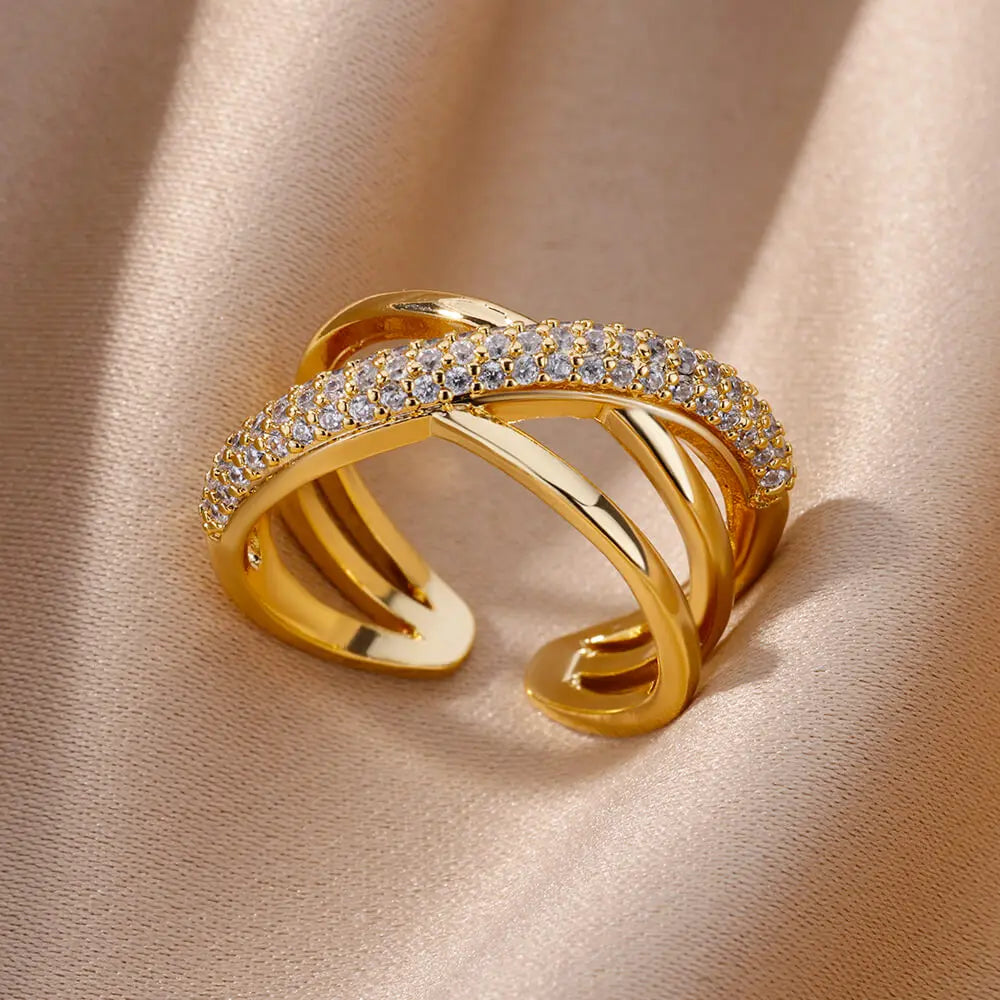 Goldfarbene Zirkonia-Ringe für Damen Offener Edelstahl Grüner Luxus-Kristall-Fingerring Boho Schmuck Hochzeitsfeier Geschenk