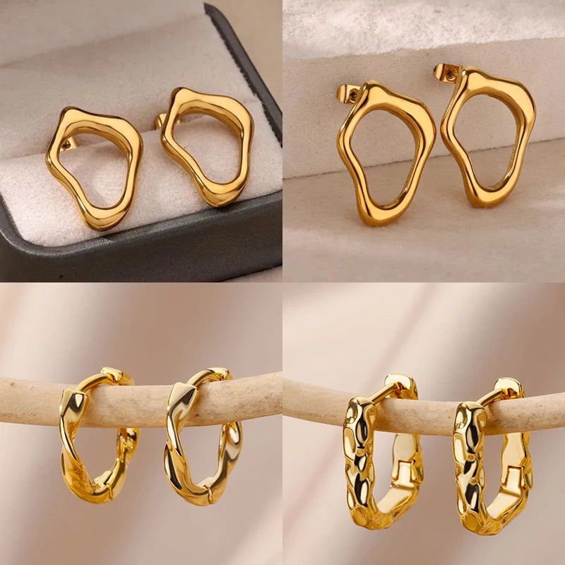 Aretes de acero inoxidable con forma hueca irregular y bonita para mujer, color dorado, para bodas, aretes con textura irregular, joyas para mejores amigas