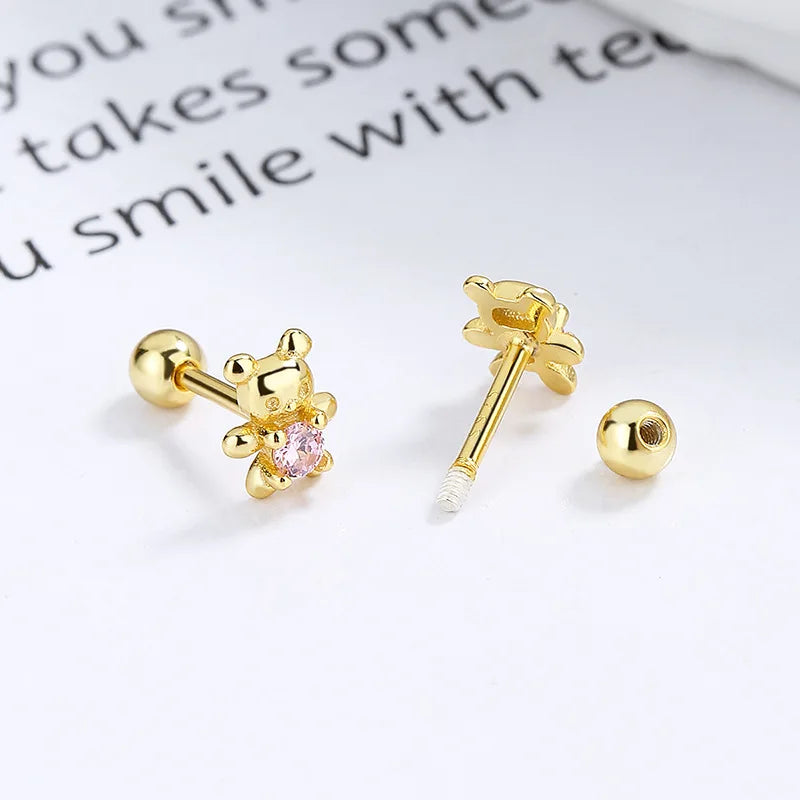 Pendientes de tuerca de plata de ley 925 con adorable oso, tapones de rosca para oreja, elegantes joyas para la oreja, regalo exquisito