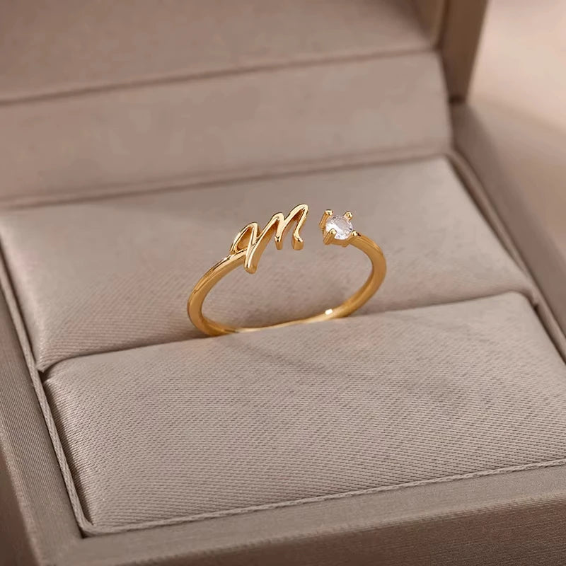 Zircon Initial Letter Ring for Women Stainless Steel Gold Color Alphabet Open Ring Trendy Wedding Birthday Aesthetic Jewelry