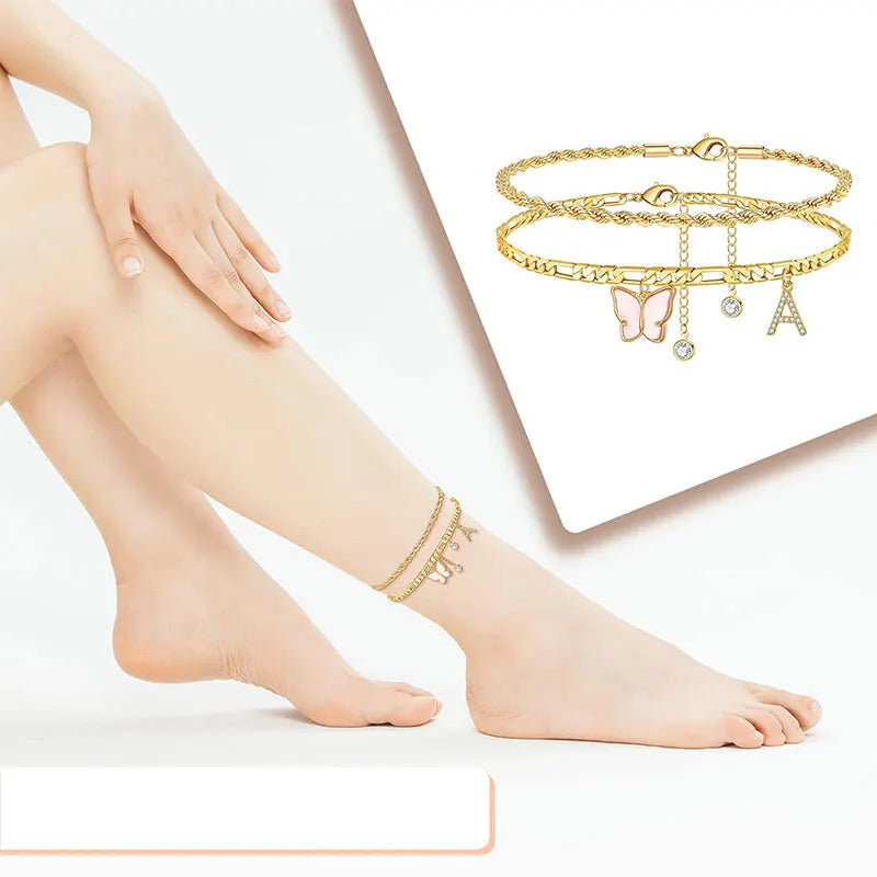 2 Stück Edelstahl Anfangs-Fußkettchen-Set für Frauen, 26 Buchstaben Acryl Schmetterling Charm Kette am Fuß Sommer Fußkettchen Schmuck