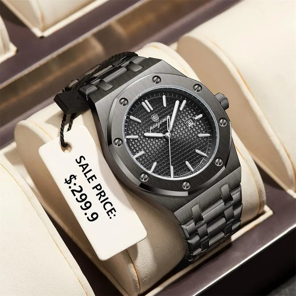 PAAZOMU Relojes de lujo para hombre, acero inoxidable, impermeable, luminoso, con fecha y semana, moda informal, reloj de cuarzo para hombre