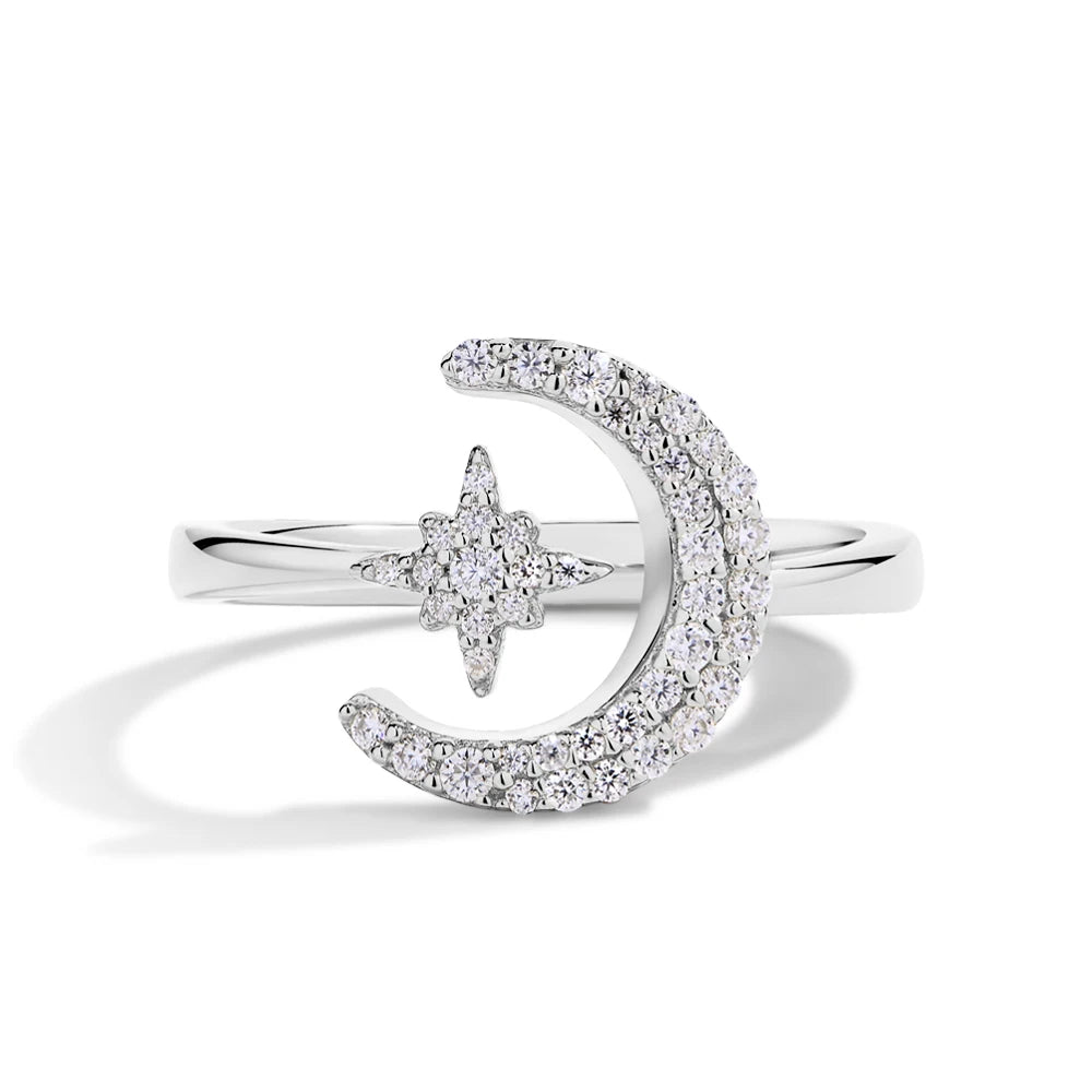MINTYBOX 0.242CTW Stern Mond S925 Sterlingsilber Moissanit Ringe für Damen Labor Diamant Ring 18K Vergoldet Hochzeit Schmuck Geschenk