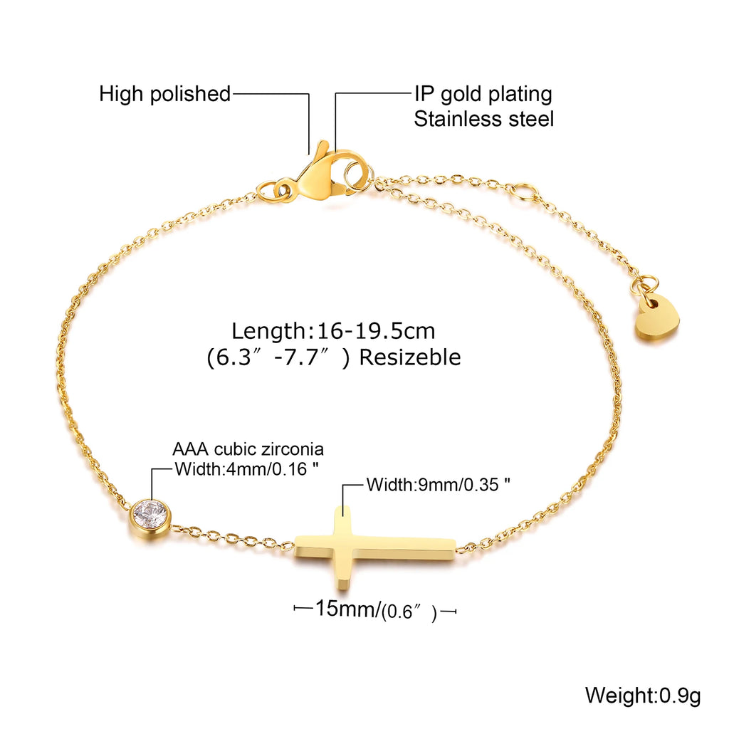 Geburtsstein Zirkonia dünnes Kettenarmband Kreuz Edelstahl Damen verstellbares geschichtetes Armband