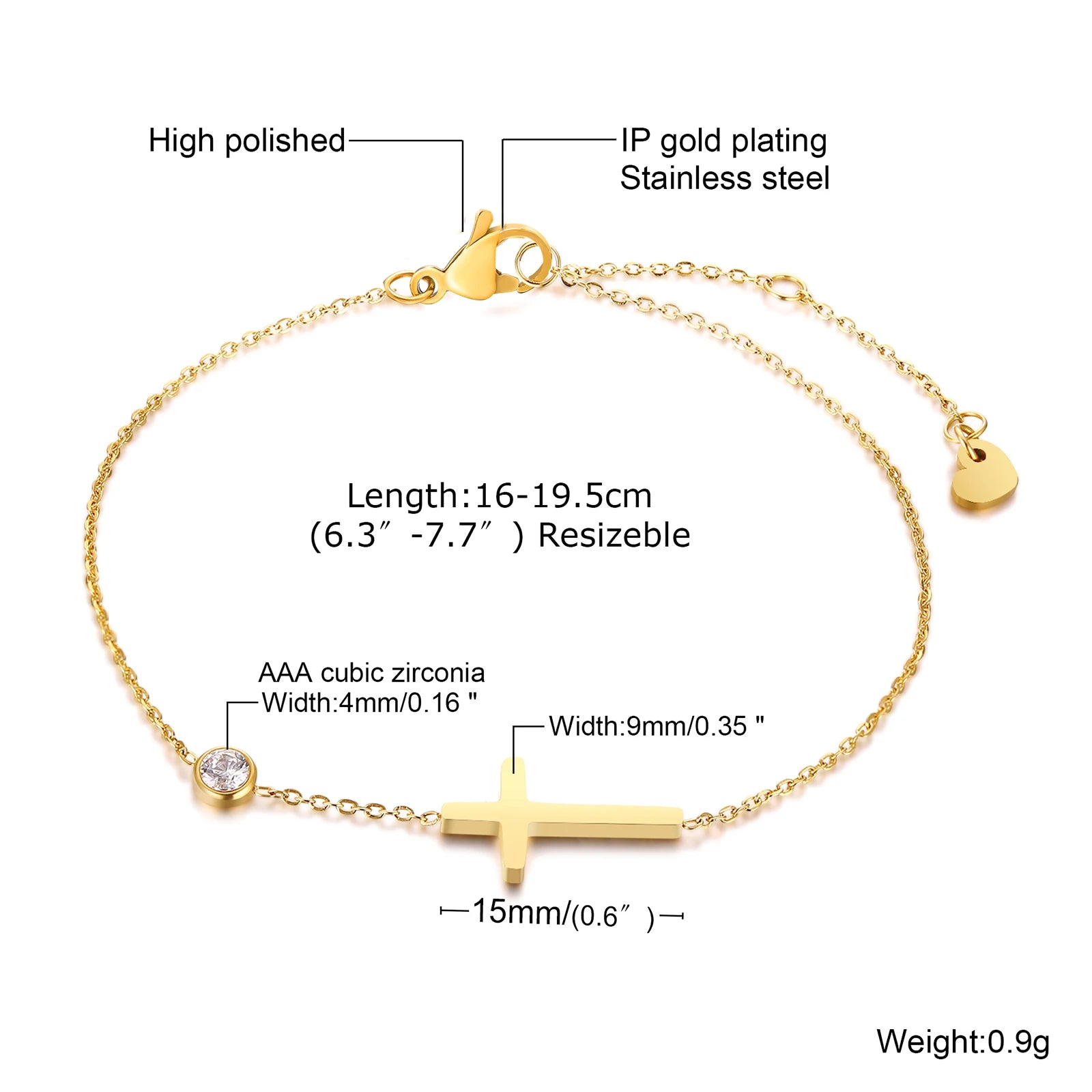Geburtsstein Zirkonia dünnes Kettenarmband Kreuz Edelstahl Damen verstellbares geschichtetes Armband