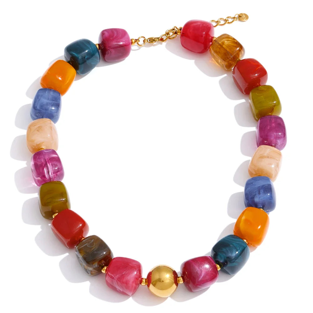 Yhpup Acryl Quadratperlen Kette Halskette Armband Armreif Edelstahl Handgemachter Schmuck Wasserdicht Grün Khaki Pink Bernstein