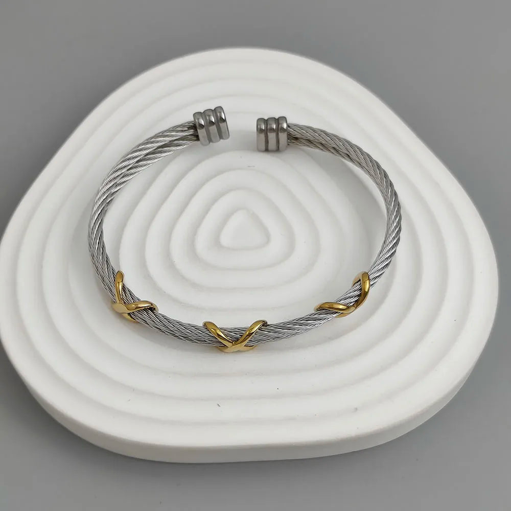 Original doppelreihiges Edelstahl-Drahtarmband in Kreuzform, vergoldet, wasserdicht und rostfrei, Paararmband