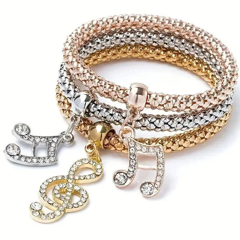 3er-Set Herz-Schloss-Schlüssel Musikzeichen Charme Armband Eule Roségold Beschichtung Silberfarbe Kette Eule Charm Armreif Schmuckset