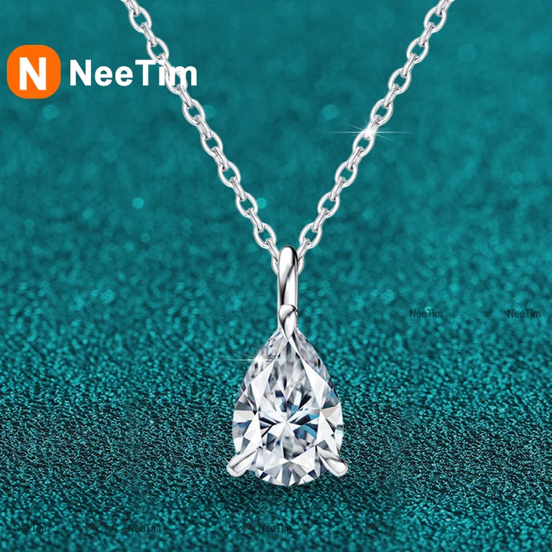 NeeTim Colgante de moissanita con forma de gota de agua de 1 ct y 2 ct, collar de plata S925, diamante de laboratorio con corte de pera, cadena para mujer con certificado