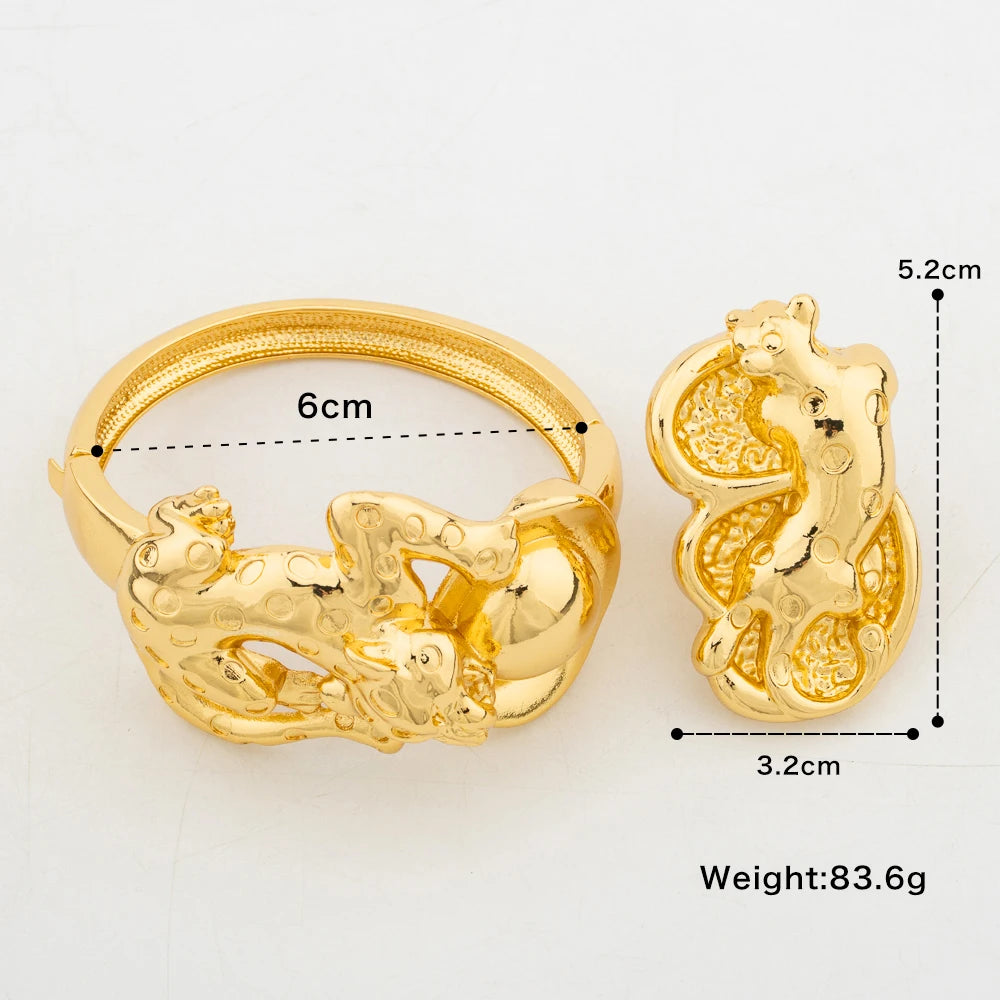 Trend Bangle with Ring Set for Party 18k Gold Color New Design Hand Bracelet Cocktail Ring Weddings Bride Set Ladies Jewellery