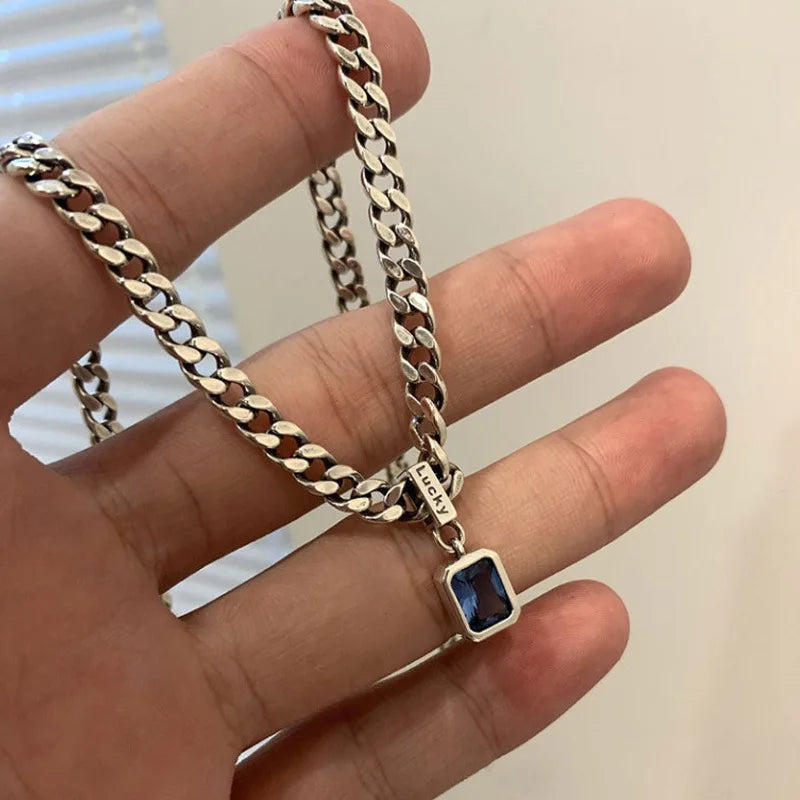 Cadena de Plata de Ley 925 Vintage Cuba con Colgantes de Circonitas Cuadradas, Collares Femeninos, Accesorios de Joyería para Mujer, Plata 925